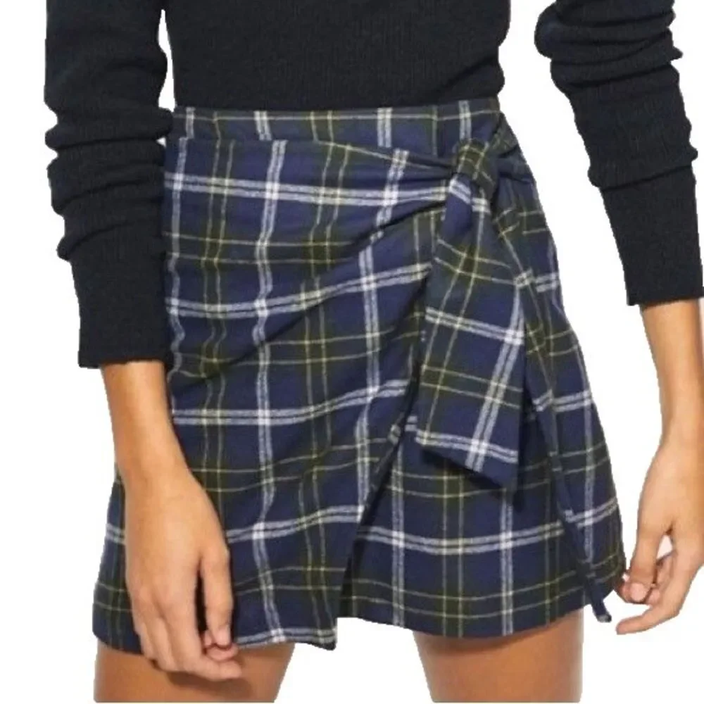 ARITZIA Wilfred Dolfie Blue Plaid Front Tie Wool Cashmere Mini Skirt 00